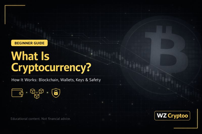 Premium crypto education banner explaining what is cryptocurrency and how blockchain, wallets, keys, and crypto security work, featuring WZ Cryptoo branding with Bitcoin symbol on a dark fintech background.