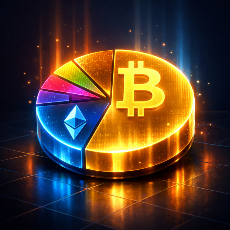 Holographic pie chart showing cryptocurrency market cap distribution with Bitcoin, Ethereum and altcoins shared by WZ Cryptoo.