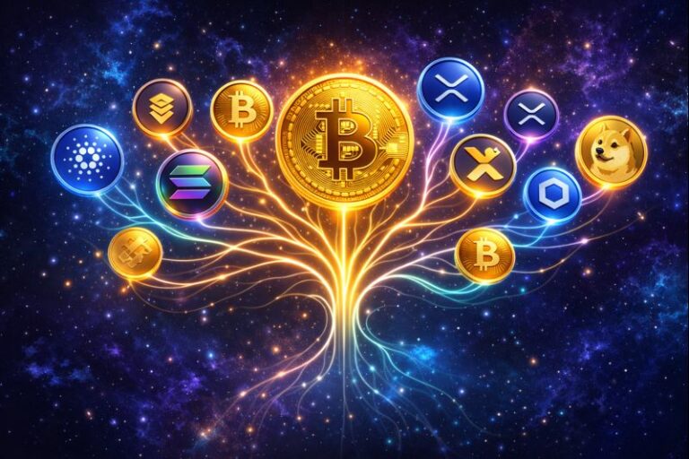 Illustration of Bitcoin surrounded by various altcoin cryptocurrencies including Ethereum, Solana, and Cardano floating in a cosmic digital space