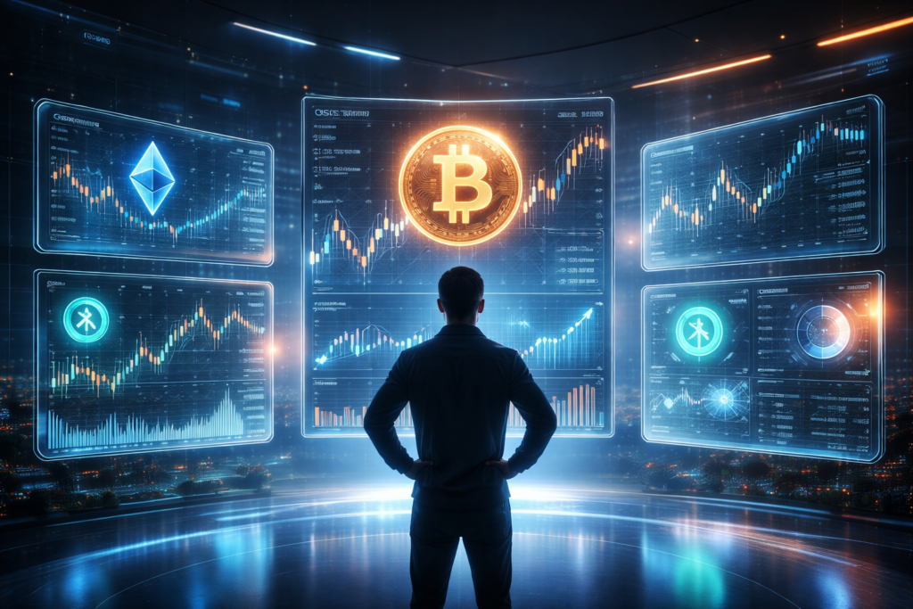 Visualizes the process of evaluating and comparing different exchange platforms. Shows multiple options without endorsing any specific brand.