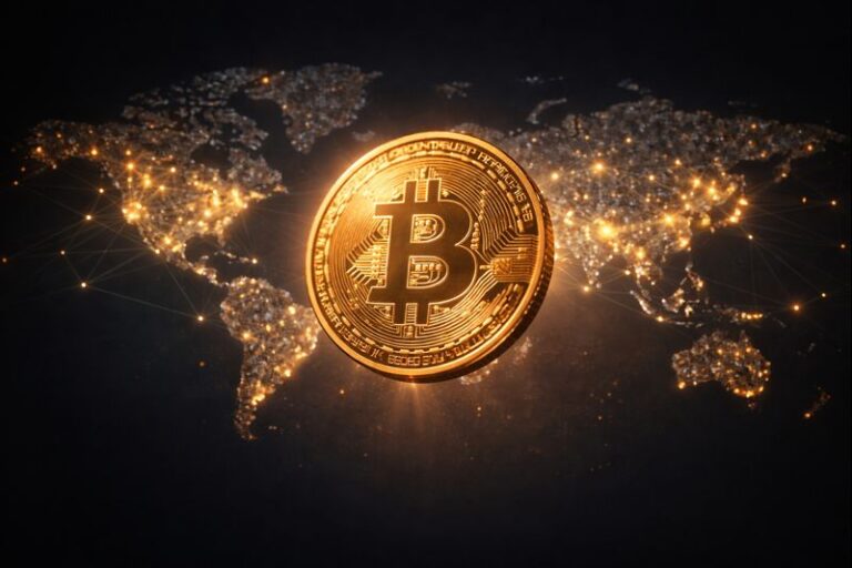 A single photorealistic golden Bitcoin coin floating at the center of the frame, emitting a soft radiant glow. Behind it, a minimal world map composed of tiny glowing dots and connection lines represents the global peer-to-peer network. Dark charcoal background, dramatic rim lighting on the coin edges, shallow depth of field, luxury product photography style, 8K render, clean and elegant composition by WZ Cryptoo.