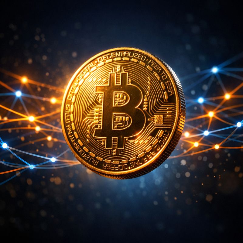 A hyper-realistic golden Bitcoin coin hovering in mid-air, surrounded by a glowing network of interconnected blockchain nodes rendered as soft blue and orange light trails. The background is a deep dark navy gradient with subtle digital particle effects. The coin has intricate engravings with the ₿ symbol catching dramatic side lighting. Cinematic composition, shallow depth of field, 8K render quality, volumetric lighting, photorealistic digital art style by WZ Cryptoo.
