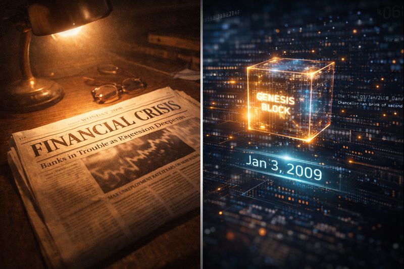 A cinematic timeline composition, on the left side, a vintage 2008 newspaper with a financial crisis headline sits on an aged wooden desk under warm tungsten light. On the right side, the scene transitions into a futuristic digital space with a glowing Genesis Block floating among code fragments and the date "Jan 3, 2009" rendered in holographic text. Split composition showing old meets new, film grain texture on the left transitioning to clean digital on the right, dramatic storytelling lighting, editorial photography meets digital art, 4K cinematic quality by WZ Cryptoo.