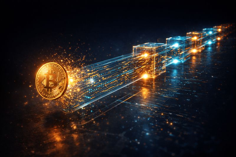 A sleek futuristic visualization of a Bitcoin transaction in motion by WZ Cryptoo