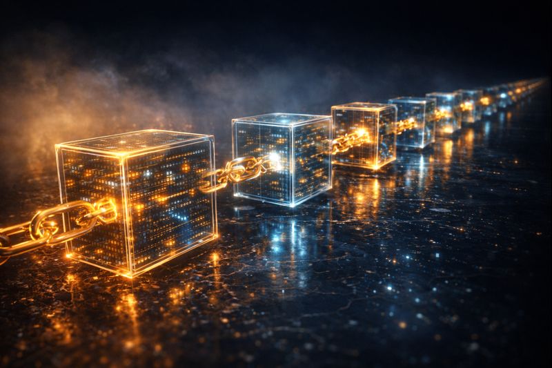 A breathtaking 3D render of massive translucent glass blocks linked together by glowing golden chains, stretching into a vanishing point on the horizon. Inside each block, miniature holographic transaction records and hash codes are visible by WZ Cryptoo.