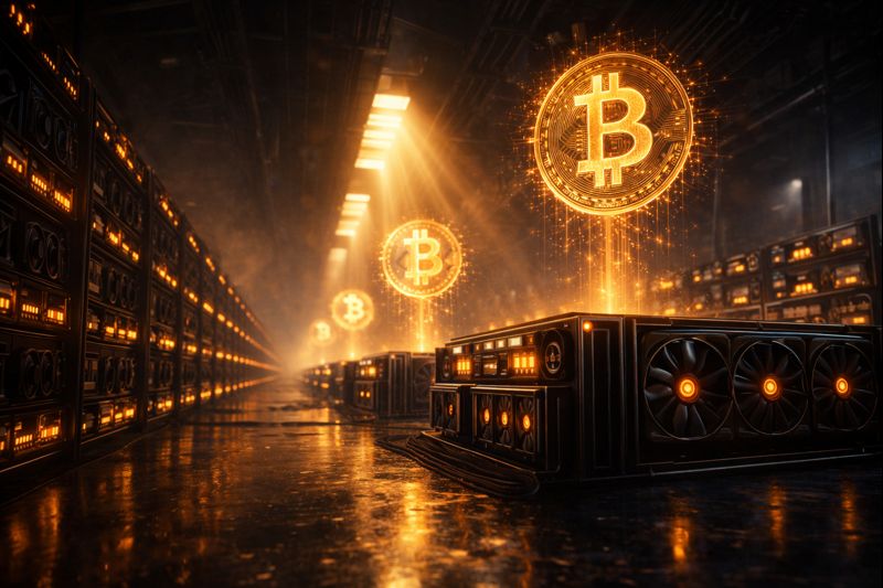 A dramatic low-angle shot inside a futuristic mining facility, rows of sleek black mining rigs with pulsing amber LED strips line both sides of a long corridor. Above the machines, holographic Bitcoin symbols materialize from rising heat-haze distortion by WZ Cryptoo.
