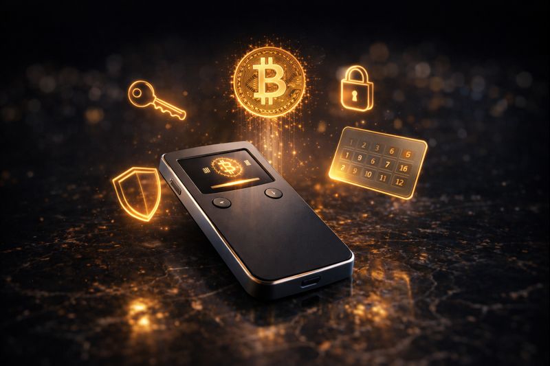 A premium product photography shot of a sleek hardware wallet device resting on a polished obsidian surface. Surrounding it in a soft orbital arrangement are holographic floating icons, a golden key, a glowing shield, a padlock, and a seed phrase card, all rendered in luminous translucent light. A subtle Bitcoin hologram projects upward from the wallet screen by WZ Cryptoo.