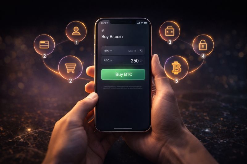 A clean, modern composition showing a pair of hands holding a premium smartphone displaying a sleek crypto exchange interface with a green "Buy BTC" button glowing prominently by WZ Cryptoo.