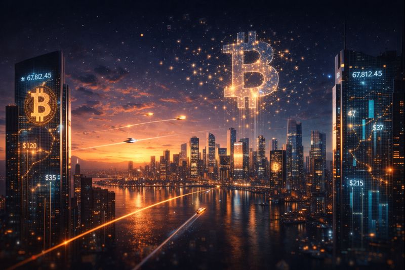 A visionary cityscape of a near-future metropolis at dusk, sleek glass skyscrapers display holographic Bitcoin tickers and Lightning Network transaction visualizations on their facades. In the sky above, a massive translucent Bitcoin symbol made of connected light particles hovers like a constellation by WZ Cryptoo.